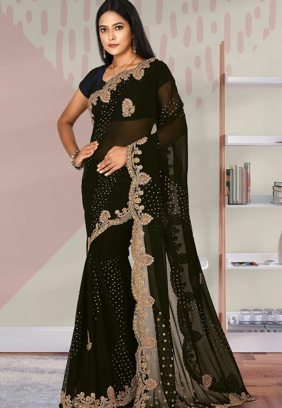 Hand Embroidered Georgette Saree in Black