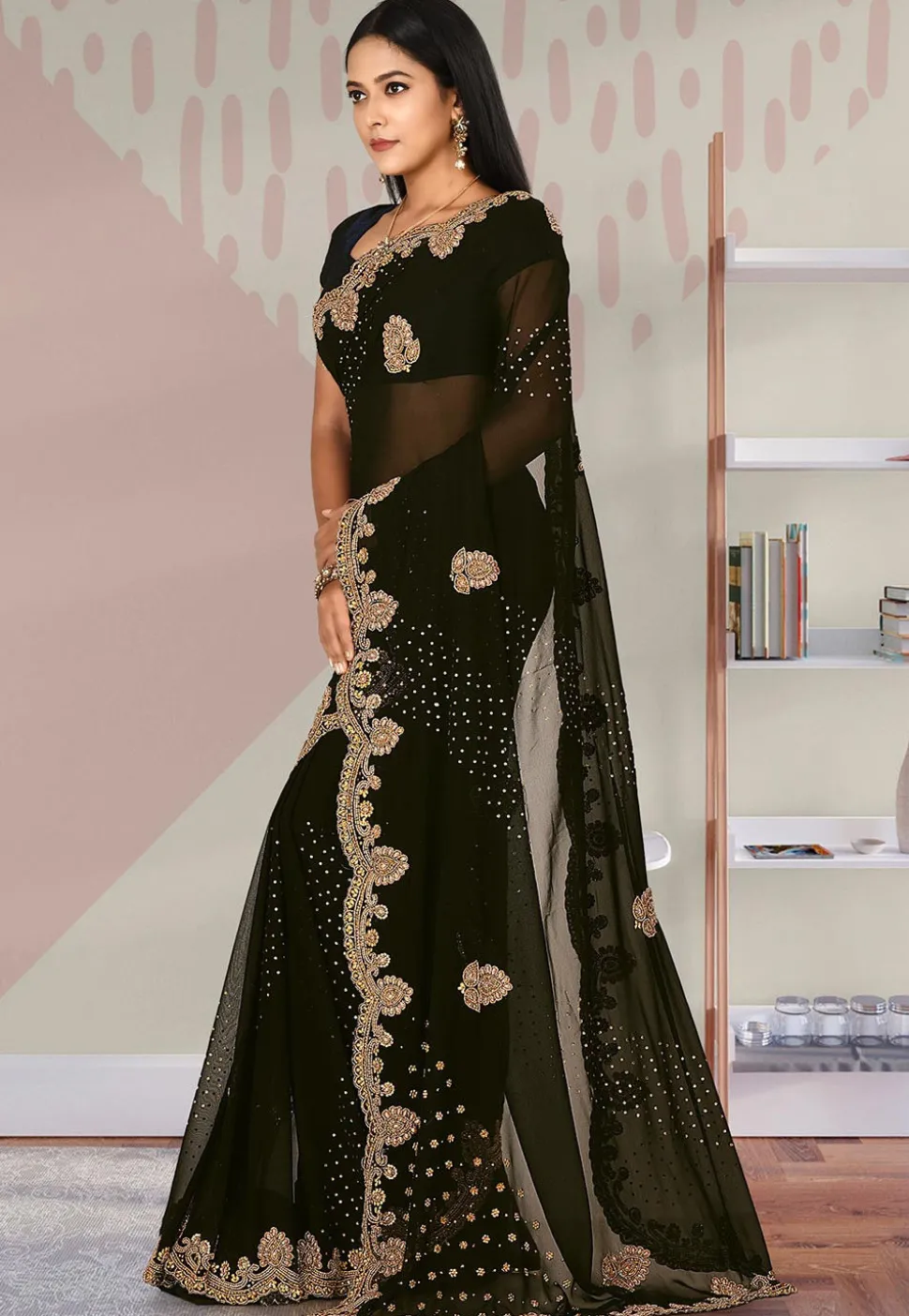 Hand Embroidered Georgette Saree in Black