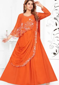 Hand Embroidered Georgette Cape Style Lehenga in Orange