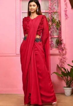 Hand Embroidered Georgette Crop Top Set in Red