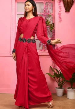 Hand Embroidered Georgette Crop Top Set in Red