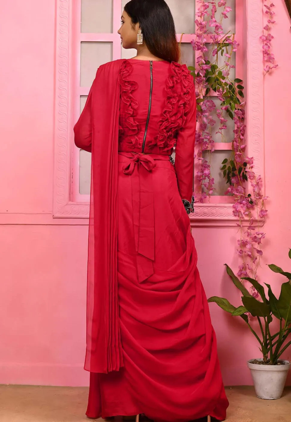 Hand Embroidered Georgette Crop Top Set in Red
