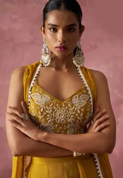 Hand Embroidered Georgette Crop Top Set in Mustard