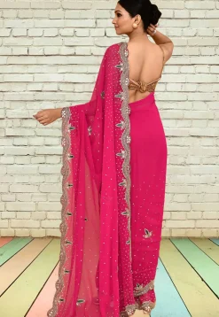 Hand Embroidered Georgette Scalloped Saree in Fuchsia