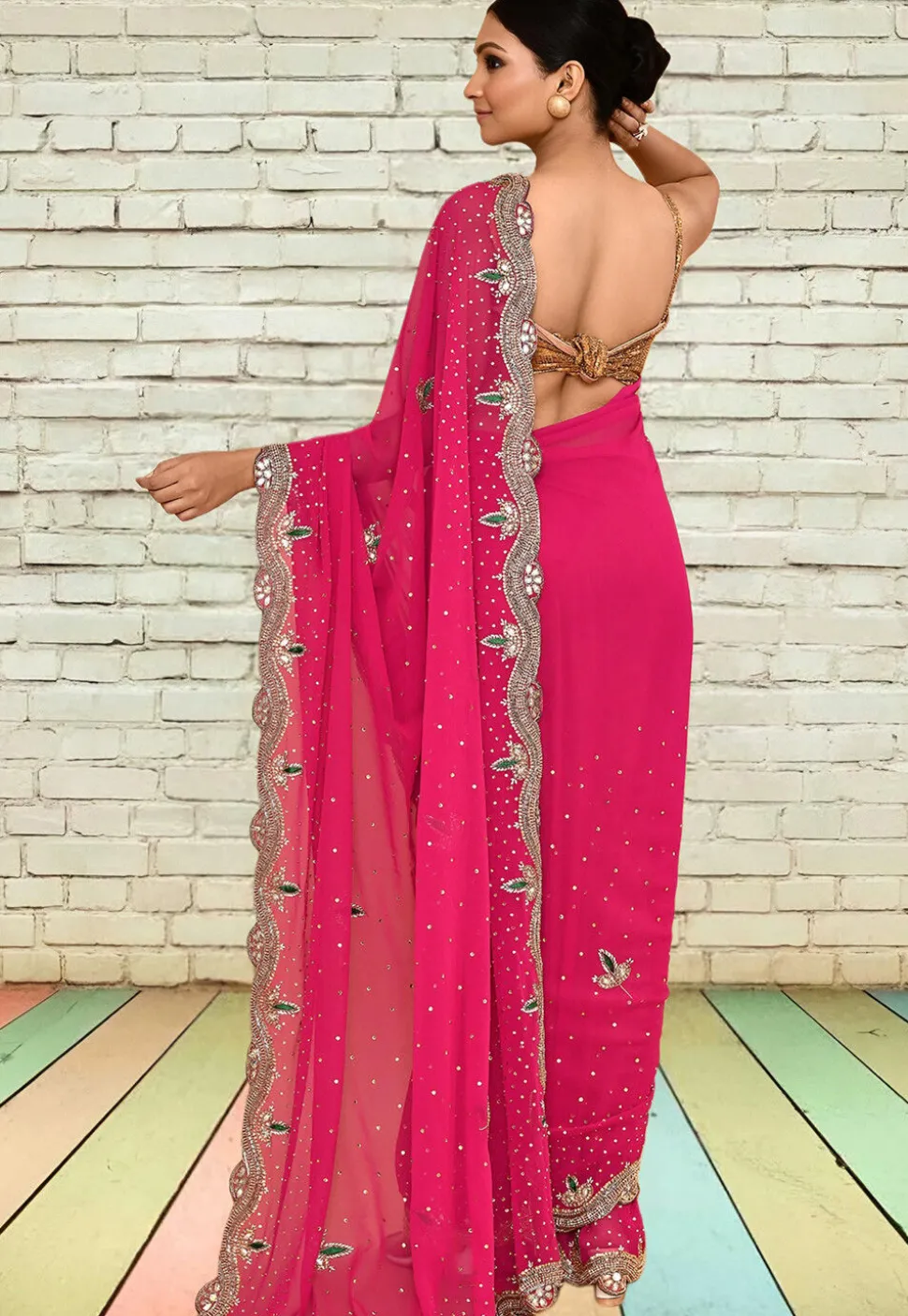 Hand Embroidered Georgette Scalloped Saree in Fuchsia