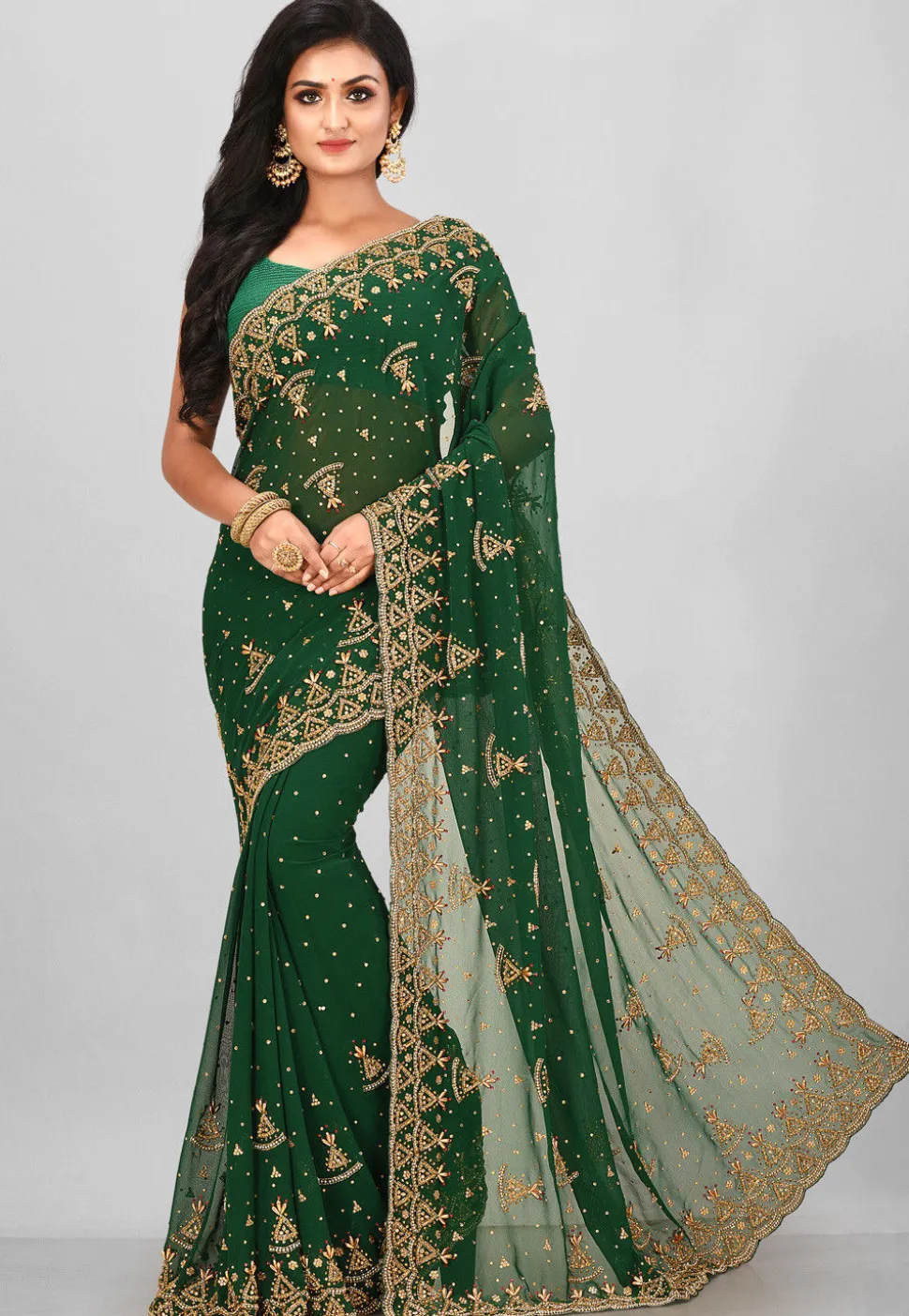 Hand Embroidered Georgette Saree in Dark Green