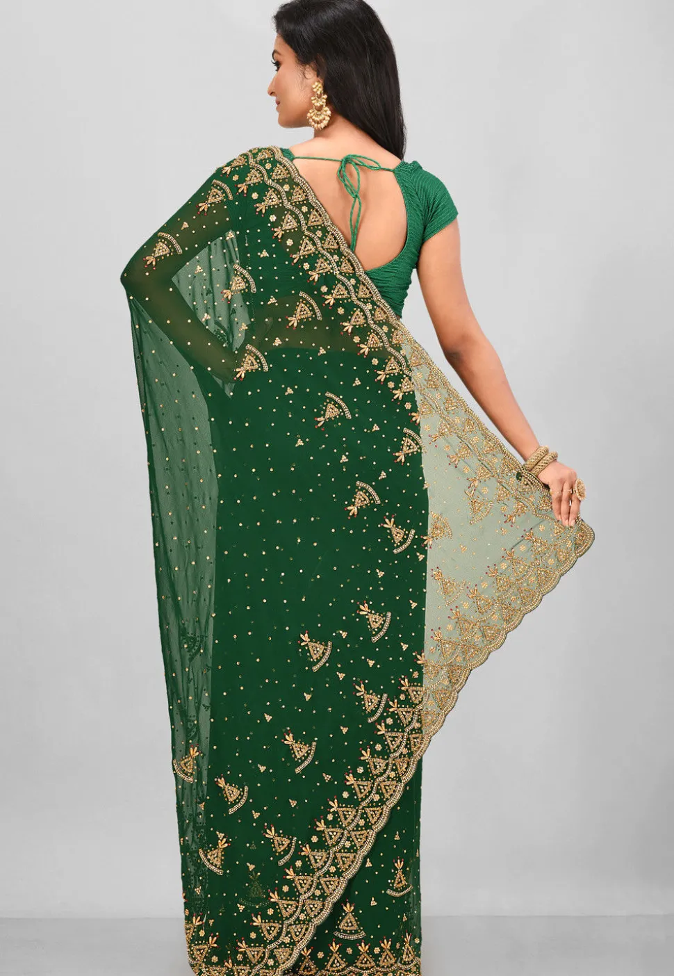 Hand Embroidered Georgette Saree in Dark Green