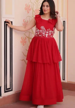 Hand Embroidered Georgette Layered Gown in Red