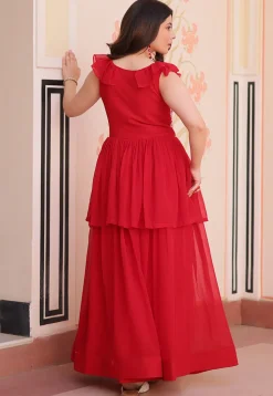 Hand Embroidered Georgette Layered Gown in Red