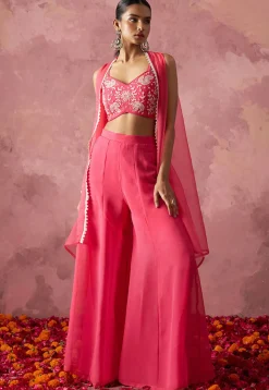 Hand Embroidered Georgette Crop Top Set in Pink
