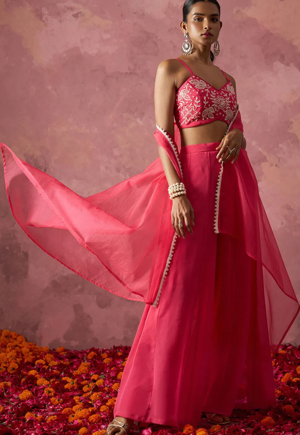 Hand Embroidered Georgette Crop Top Set in Pink