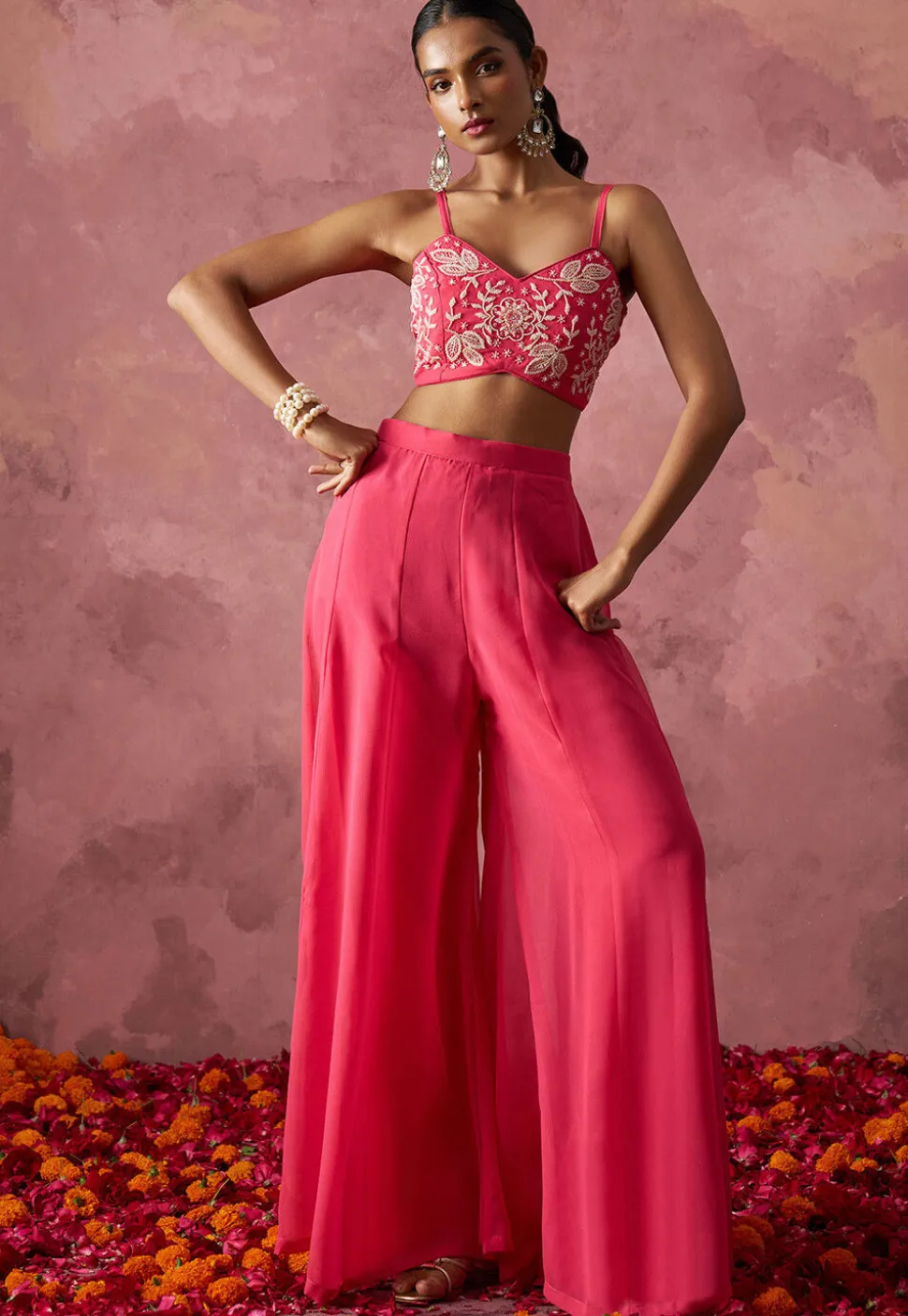 Hand Embroidered Georgette Crop Top Set in Pink