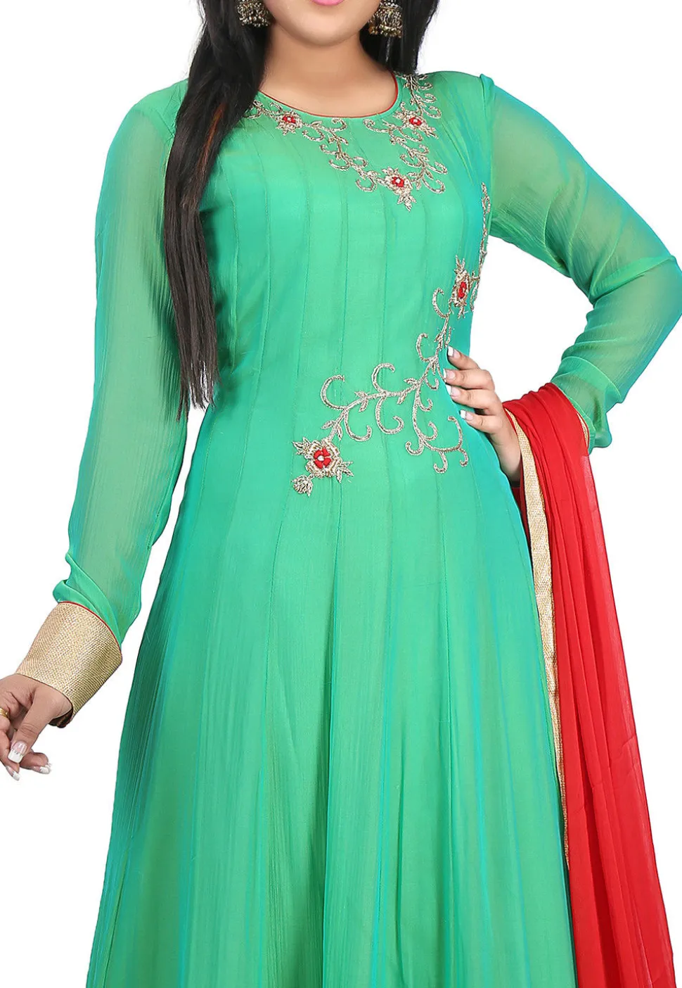 Hand Embroidered Georgette Abaya Style Suit in Teal Green
