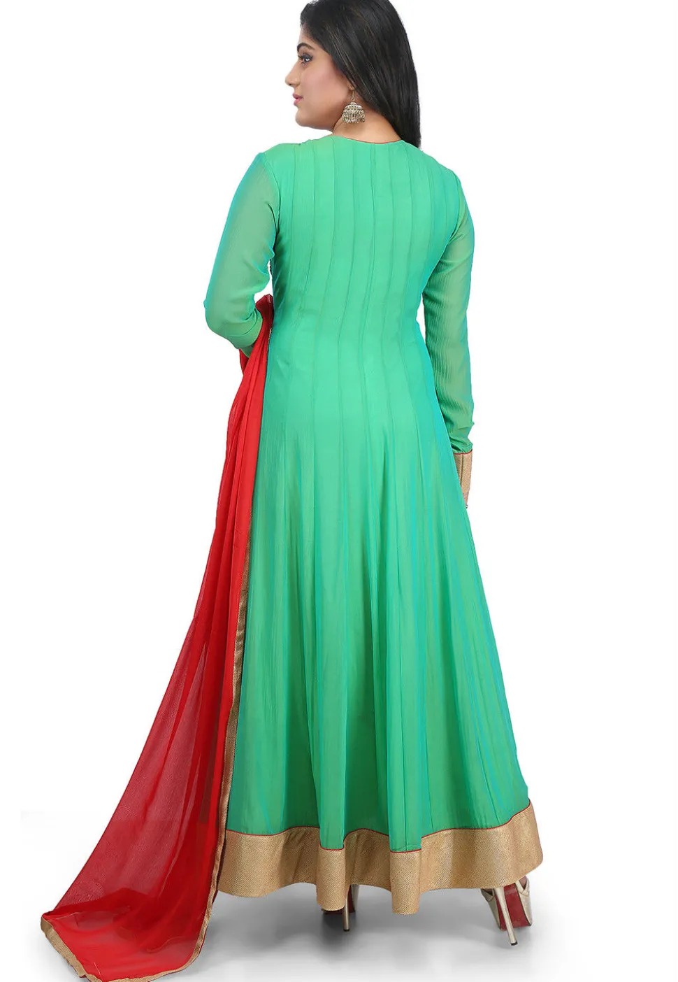 Hand Embroidered Georgette Abaya Style Suit in Teal Green