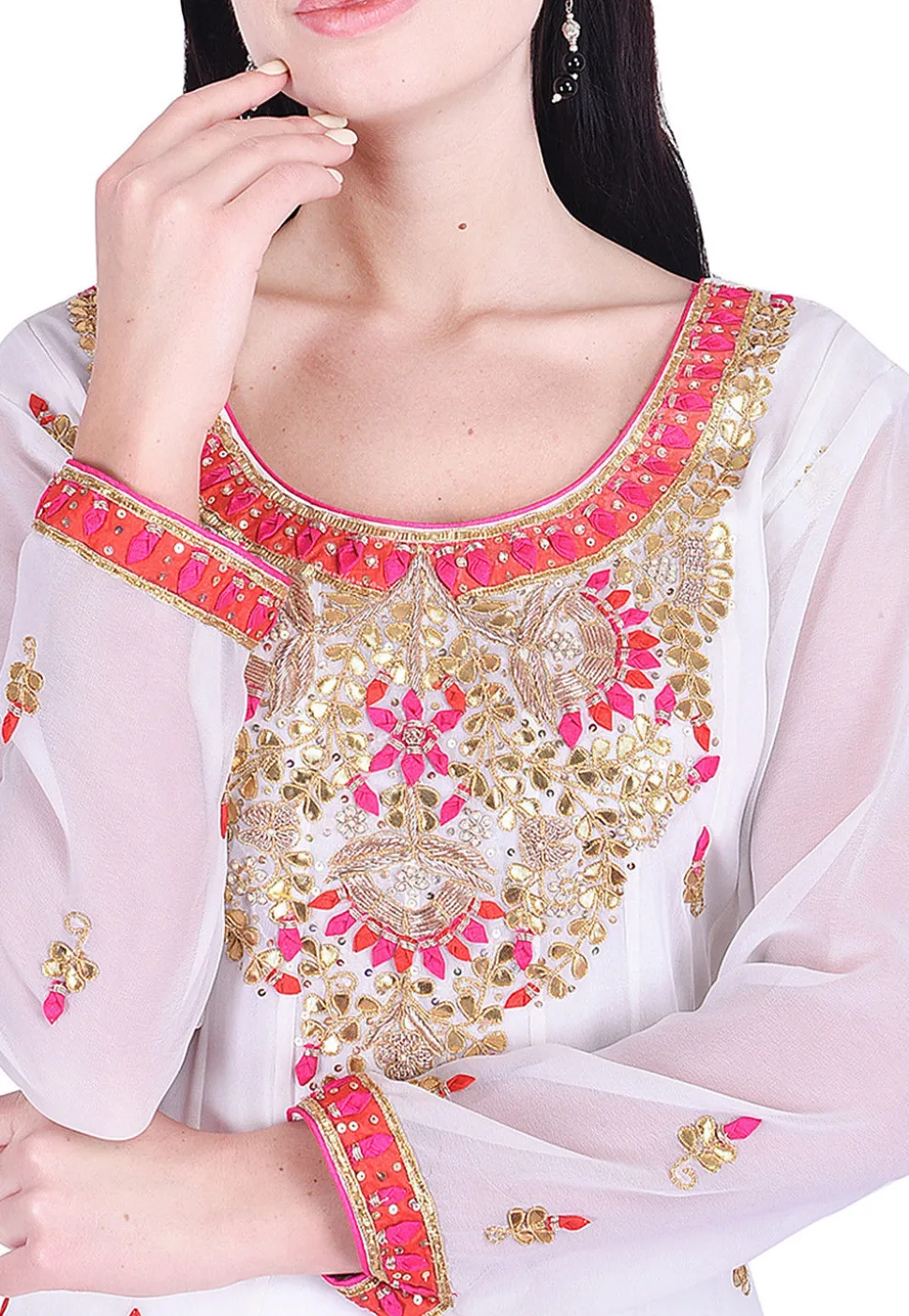 Hand Embroidered Georgette Abaya Style Suit in White