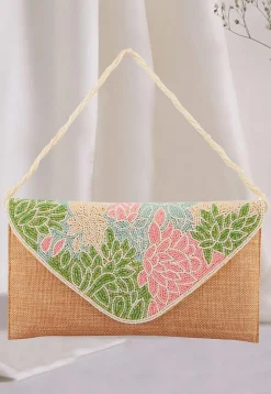 Hand Embroidered Jute Flap Clutch Bag in Beige