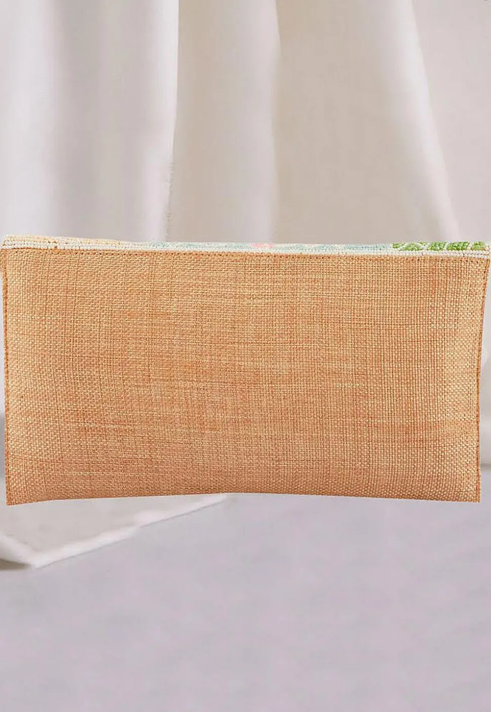 Hand Embroidered Jute Flap Clutch Bag in Beige
