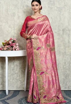 Hand Embroidered Kanchipuram Silk Saree in Pink
