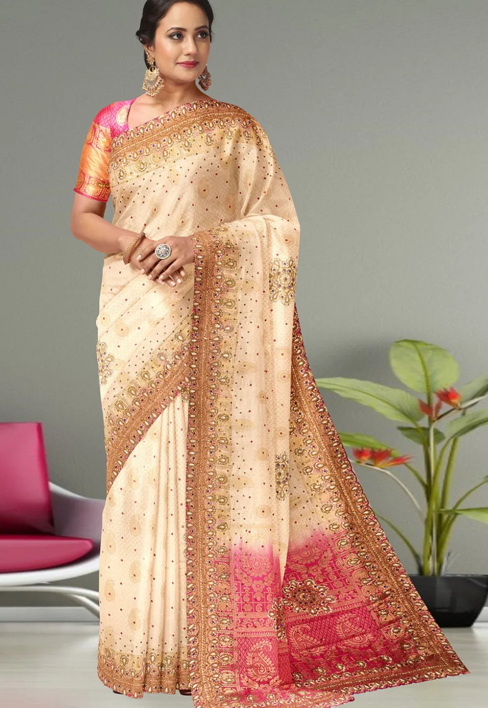 Hand Embroidered Kanchipuram Saree in Off White
