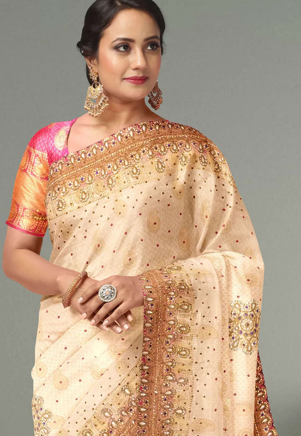 Hand Embroidered Kanchipuram Saree in Off White