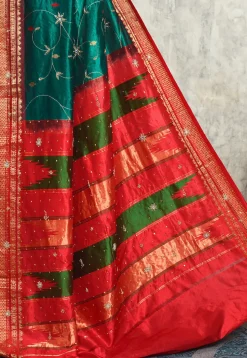 Hand Embroidered Kanchipuram Silk Saree in Teal Green