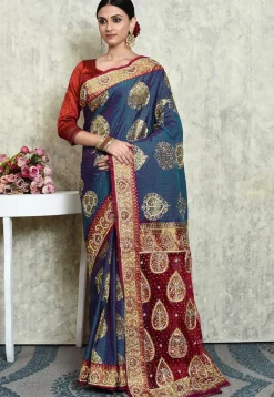 Hand Embroidered Kanchipuram Silk Saree in Teal Blue