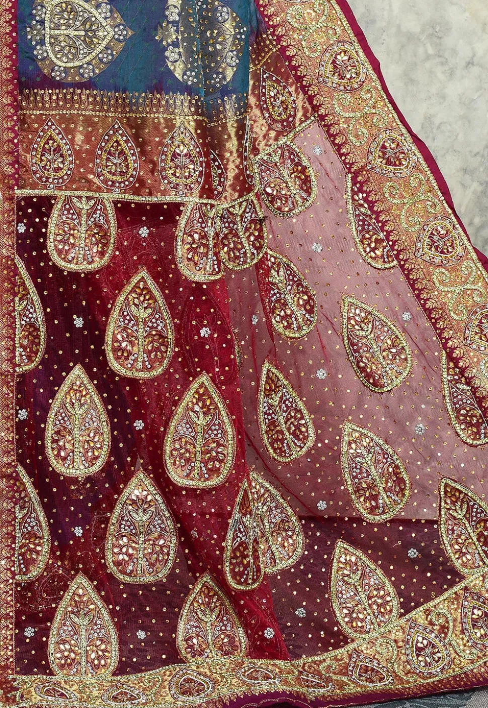 Hand Embroidered Kanchipuram Silk Saree in Teal Blue