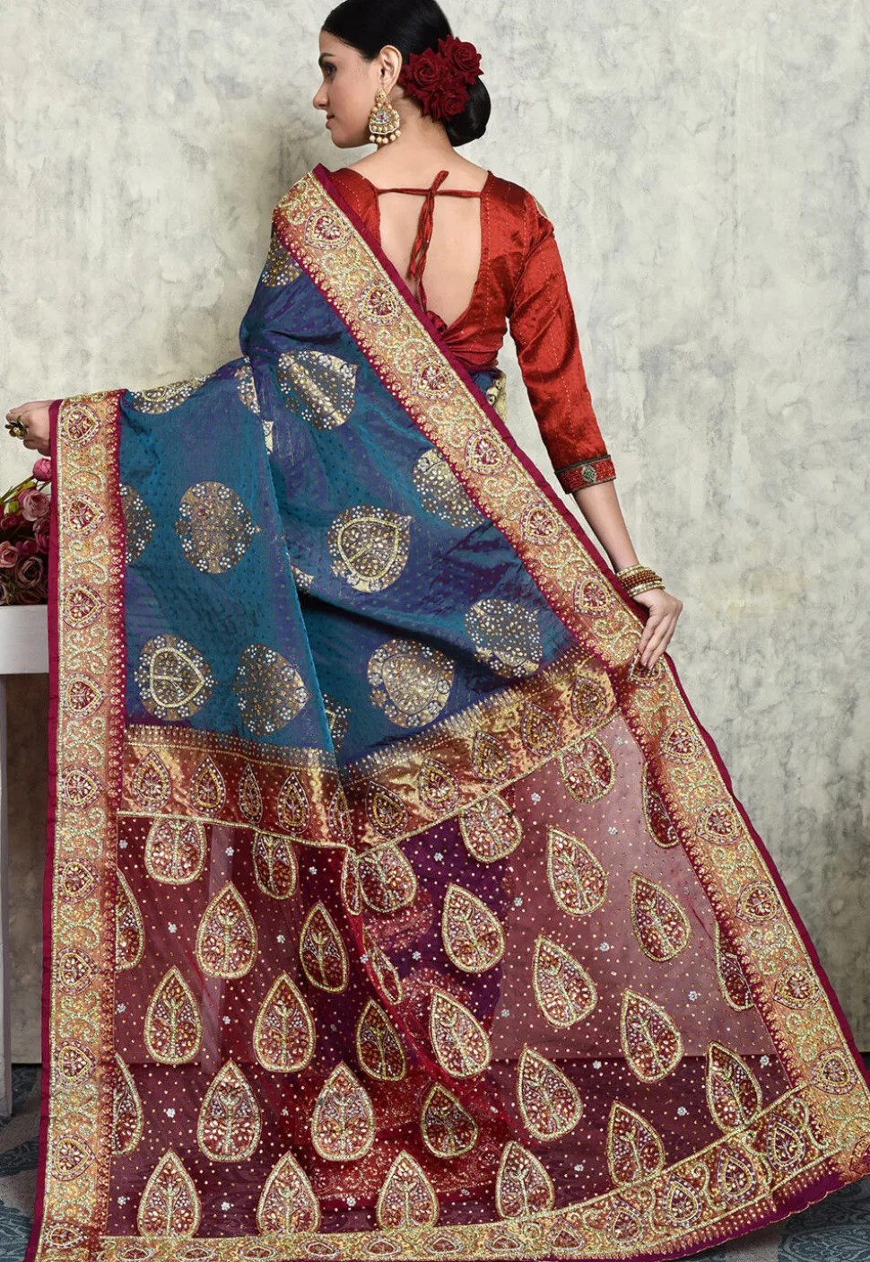 Hand Embroidered Kanchipuram Silk Saree in Teal Blue