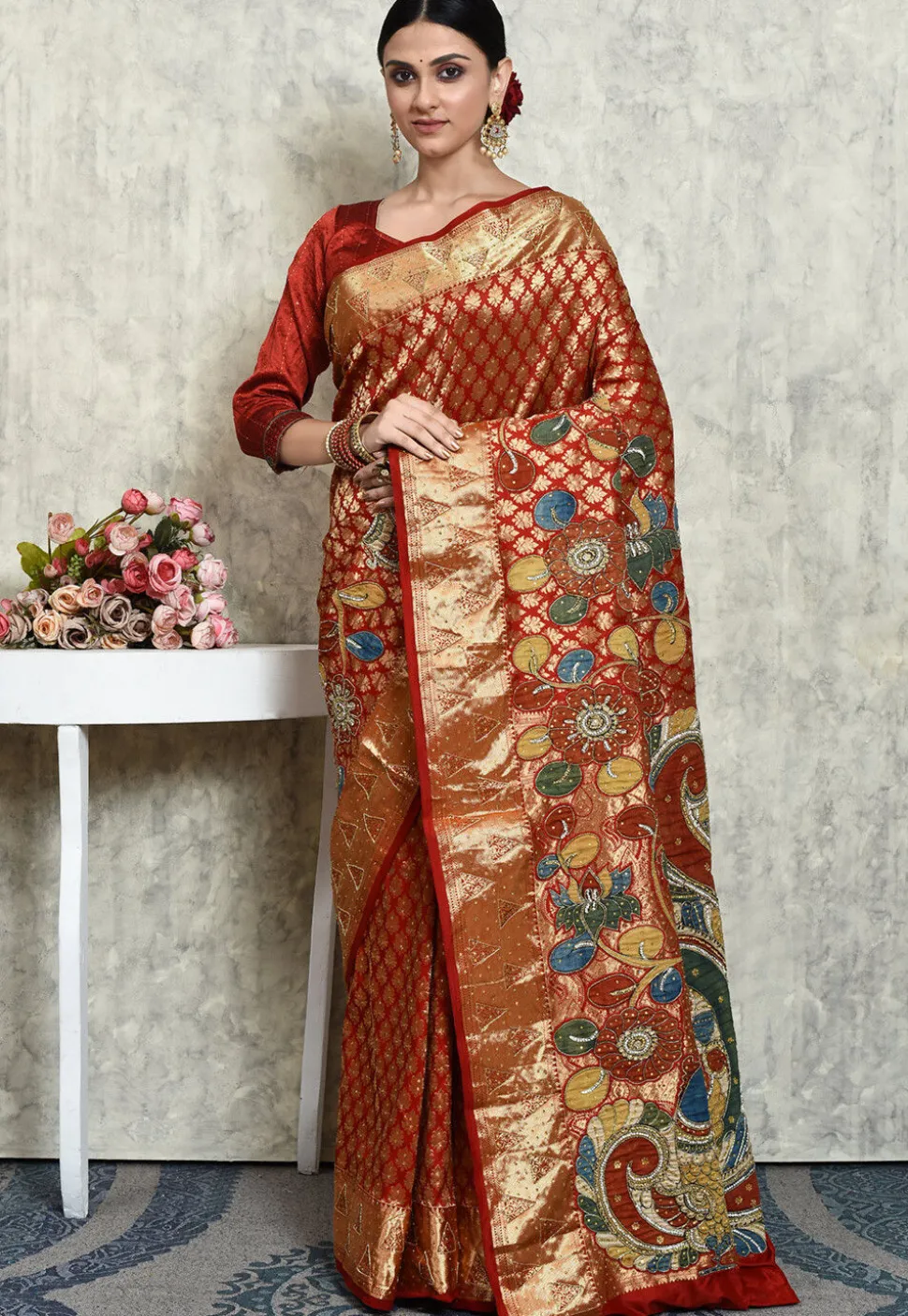 Hand Embroidered Kanchipuram Silk Saree in Maroon