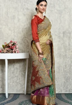 Hand Embroidered Kanchipuram Silk Saree in Beige and Multicolor