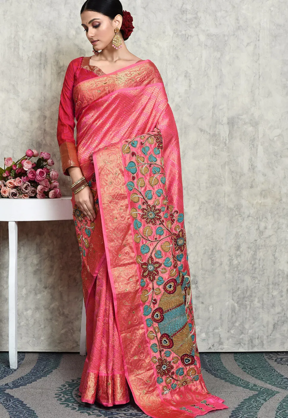 Hand Embroidered Kanchipuram Silk Saree in Pink