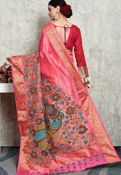 Hand Embroidered Kanchipuram Silk Saree in Pink
