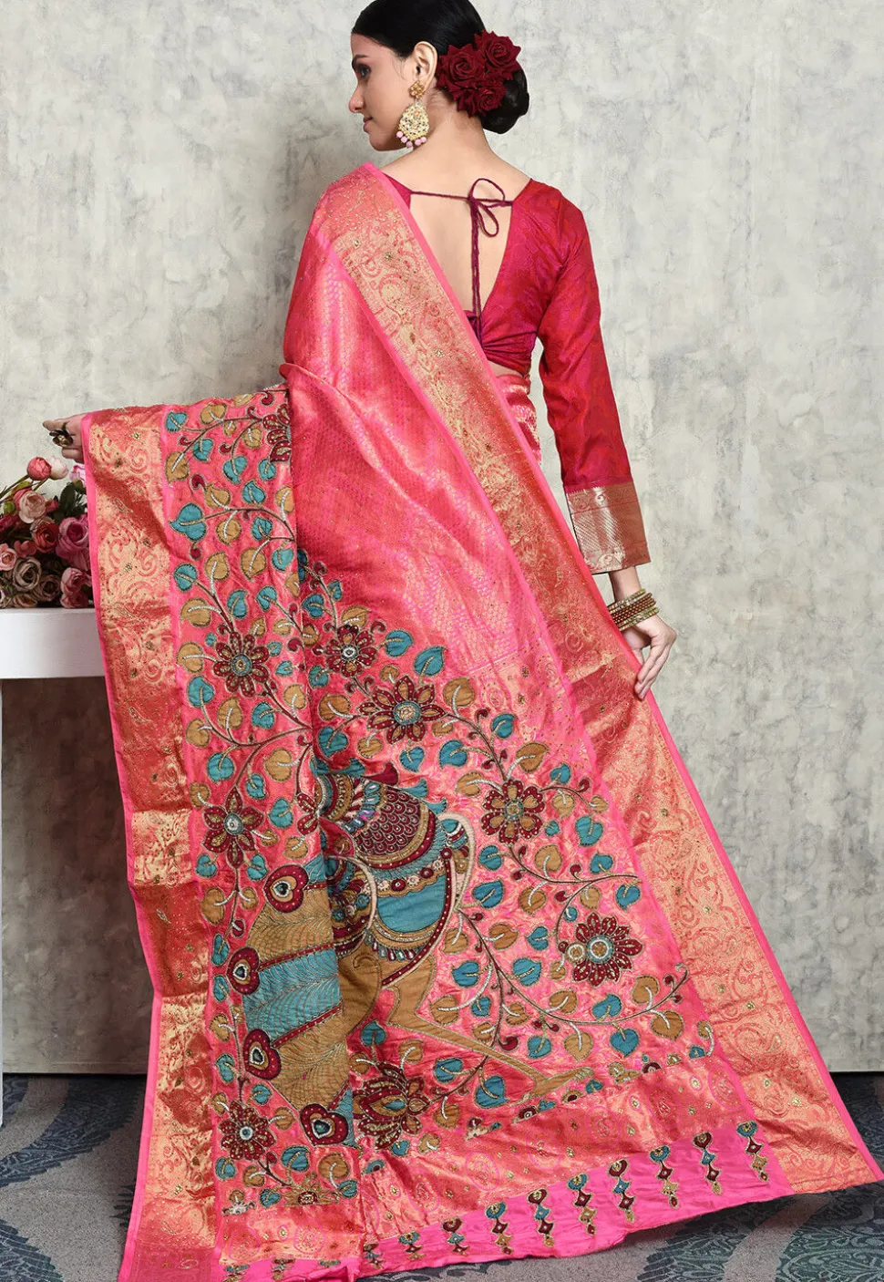 Hand Embroidered Kanchipuram Silk Saree in Pink