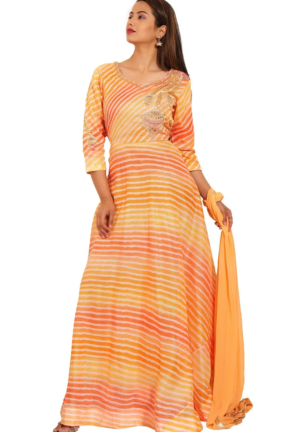 Hand Embroidered Kota Silk Abaya Style Suit in Orange