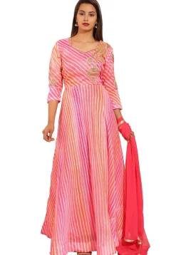 Hand Embroidered Kota Silk Abaya Style Suit in Multicolor