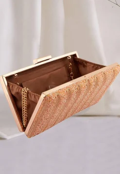Hand Embroidered Metal Rectangular Clutch Bag in Rose Gold
