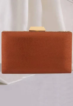 Hand Embroidered Metal Rectangular Clutch Bag in Golden