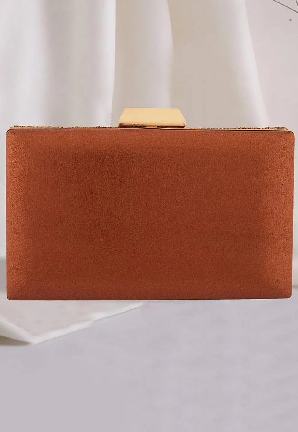 Hand Embroidered Metal Rectangular Clutch Bag in Golden