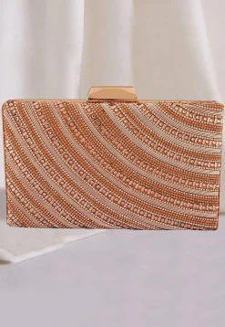 Hand Embroidered Metal Rectangular Clutch Bag in Rose Gold