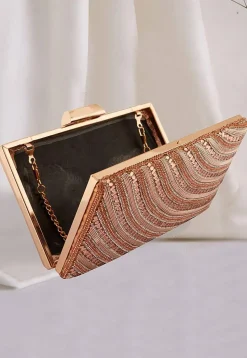 Hand Embroidered Metal Rectangular Clutch Bag in Rose Gold