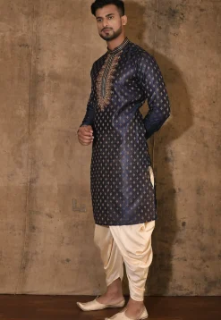 Hand Embroidered Neckline Cotton Silk Kurta Set in Navy Blue