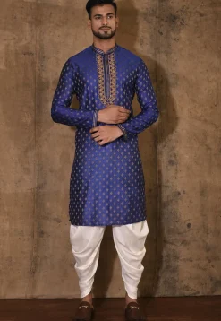 Hand Embroidered Neckline Cotton Silk Kurta Set in Royal Blue