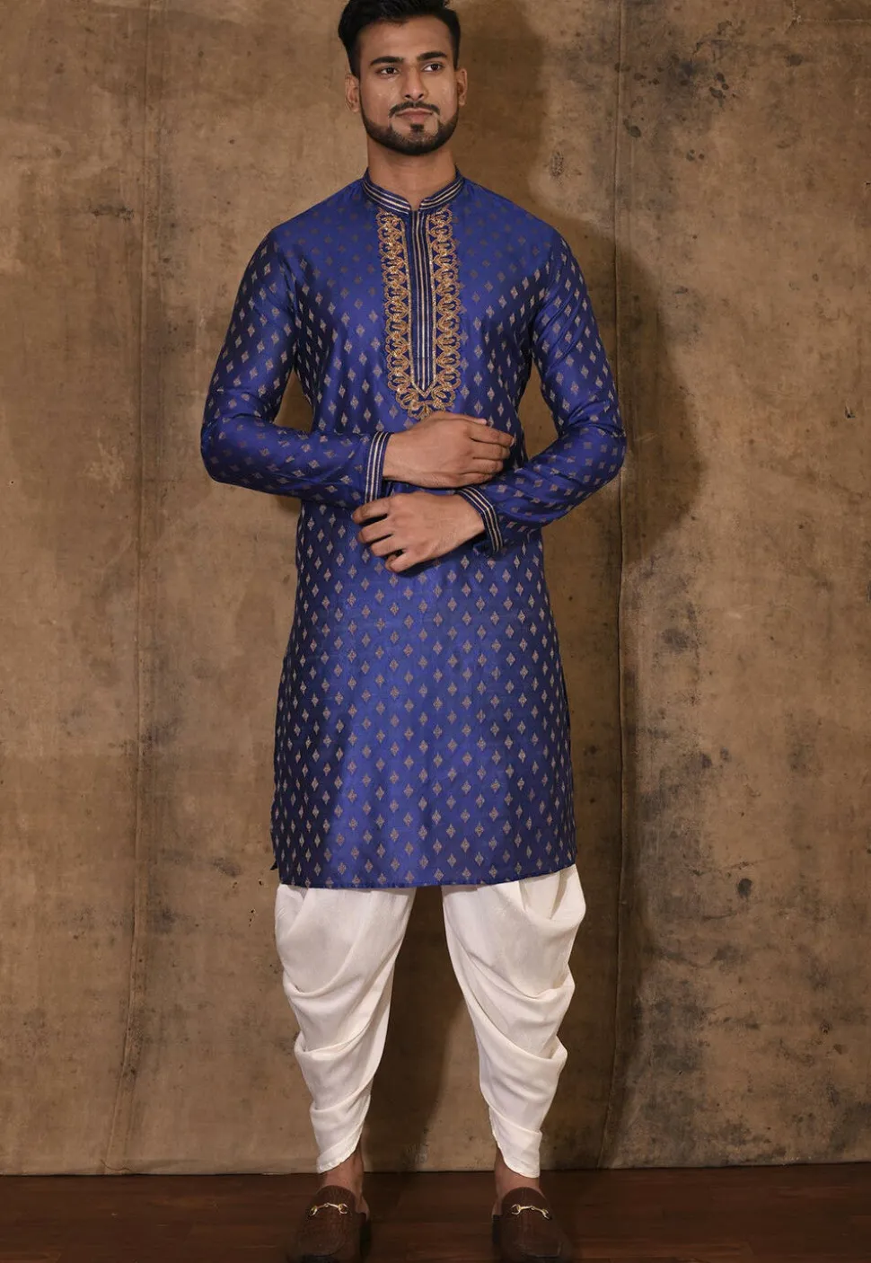 Hand Embroidered Neckline Cotton Silk Kurta Set in Royal Blue