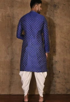 Hand Embroidered Neckline Cotton Silk Kurta Set in Royal Blue