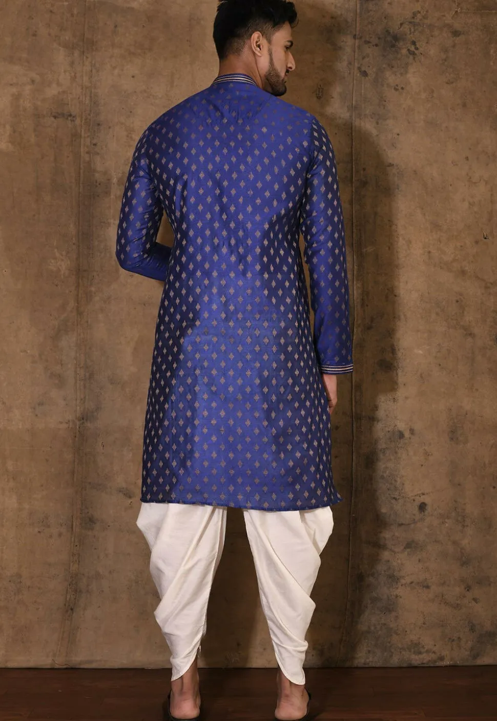 Hand Embroidered Neckline Cotton Silk Kurta Set in Royal Blue