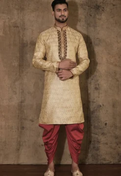 Hand Embroidered Neckline Art Silk Jacquard Kurta Set in Beige