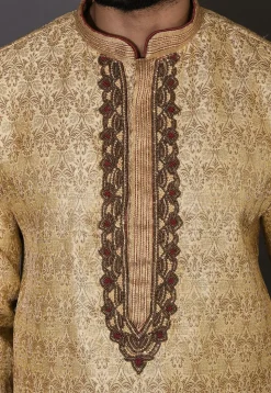Hand Embroidered Neckline Art Silk Jacquard Kurta Set in Beige