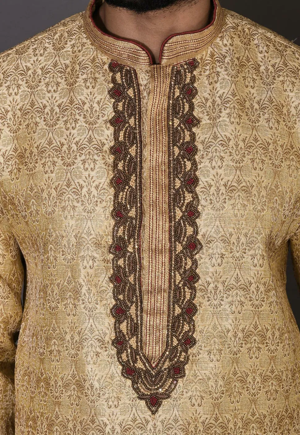 Hand Embroidered Neckline Art Silk Jacquard Kurta Set in Beige