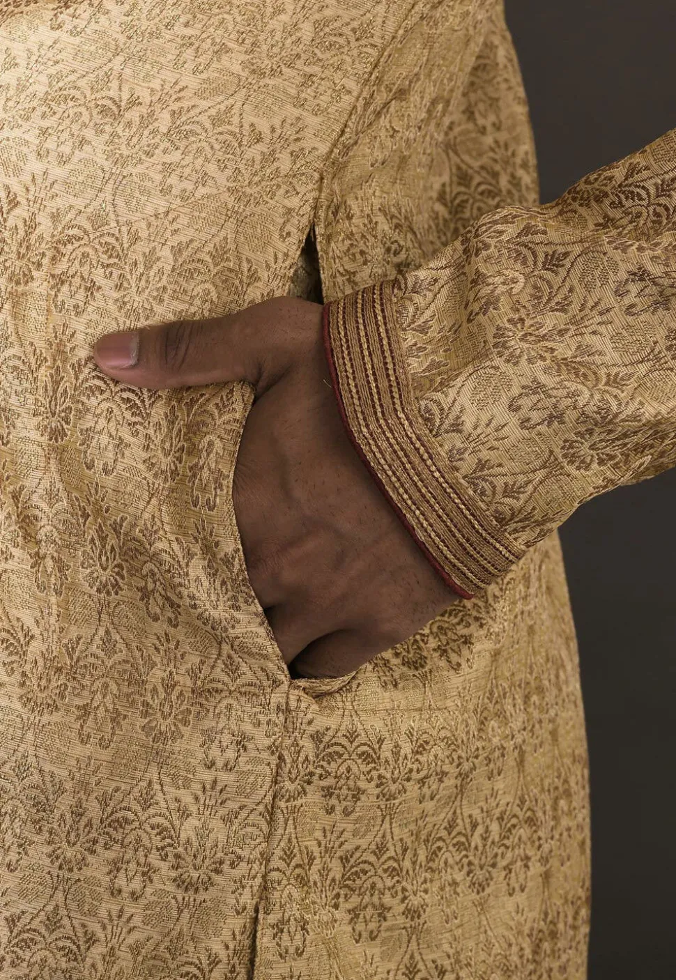 Hand Embroidered Neckline Art Silk Jacquard Kurta Set in Beige