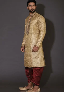 Hand Embroidered Neckline Art Silk Dhoti Kurta in Beige